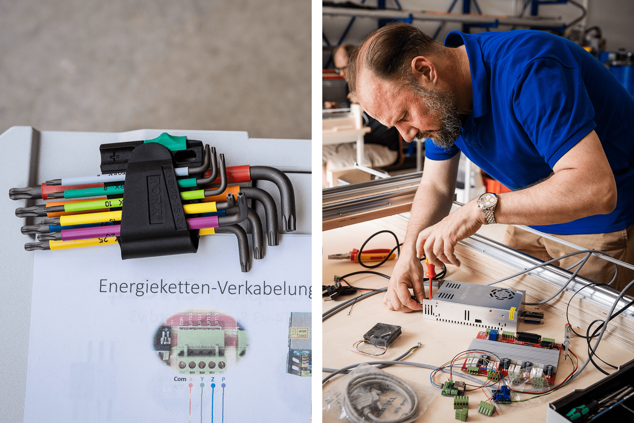 En uppsättning Torx-skruvmejslar med färgkodade handtag och en man som arbetar på en elektronisk enhet med en skruvmejsel.