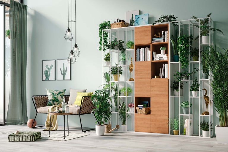 Vardagsrum med soffa, bord och hylla full av växter och inredning