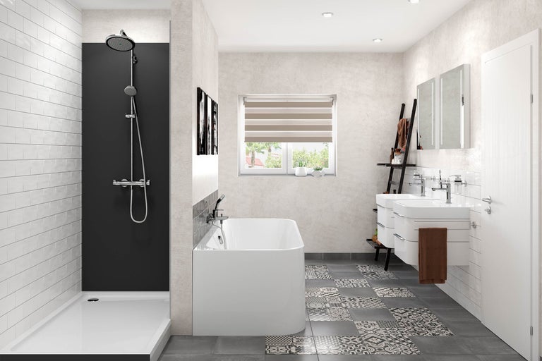 Ljust badrum med dusch, badkar och dubbla handfat.