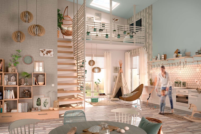 Ljust vardagsrum med trappa, bokhylla, lekplats för barn och köksdetaljer