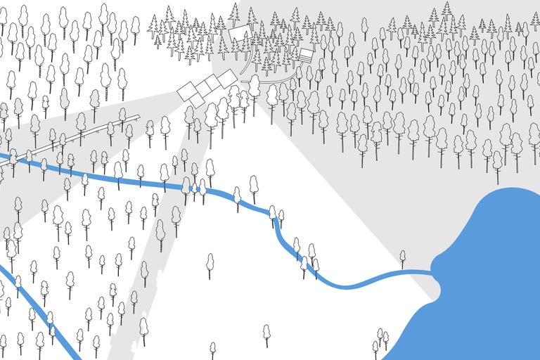 Översiktskarta med skog, sjö, flod och byggnader
