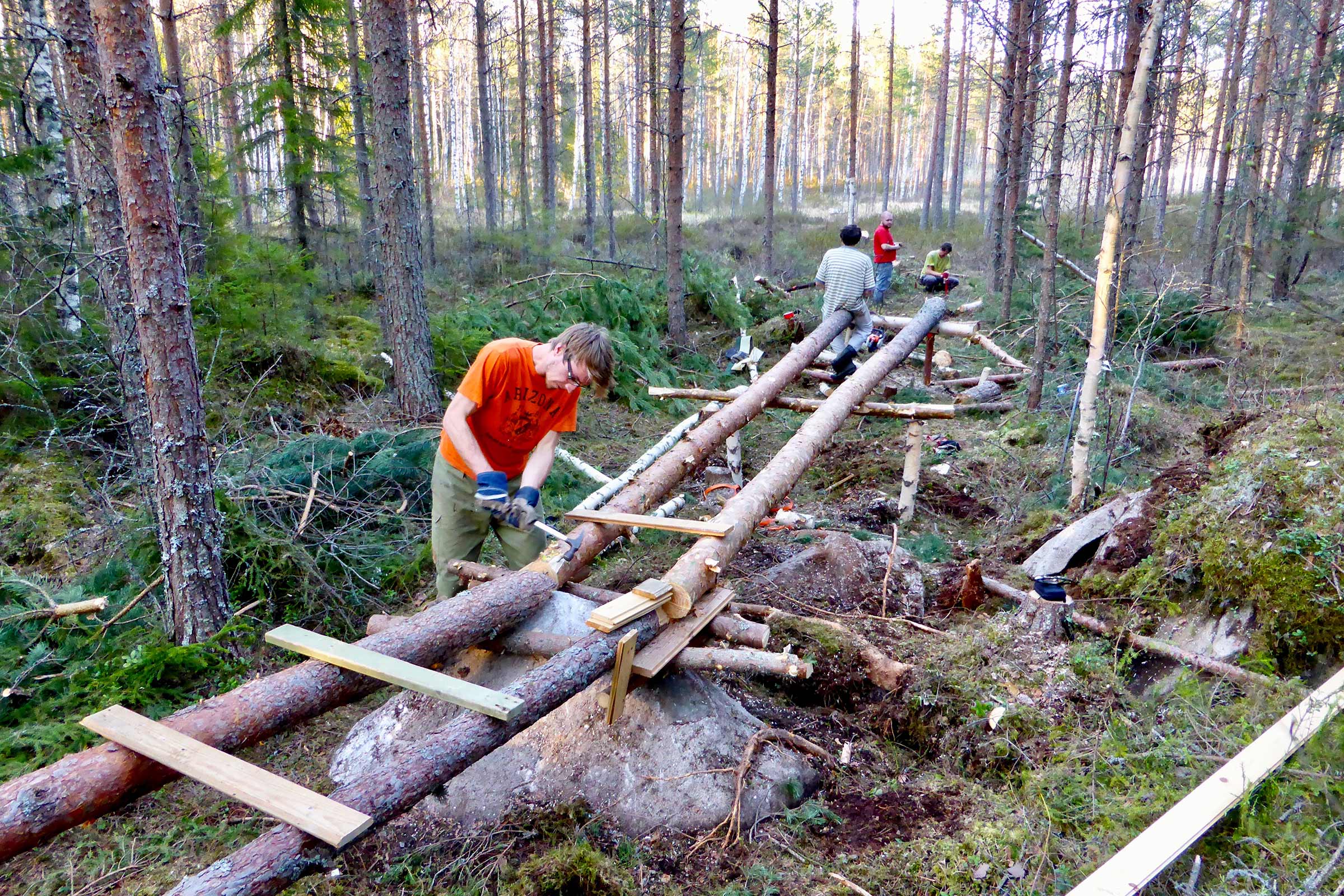 Män bygger en träbro i en skog.