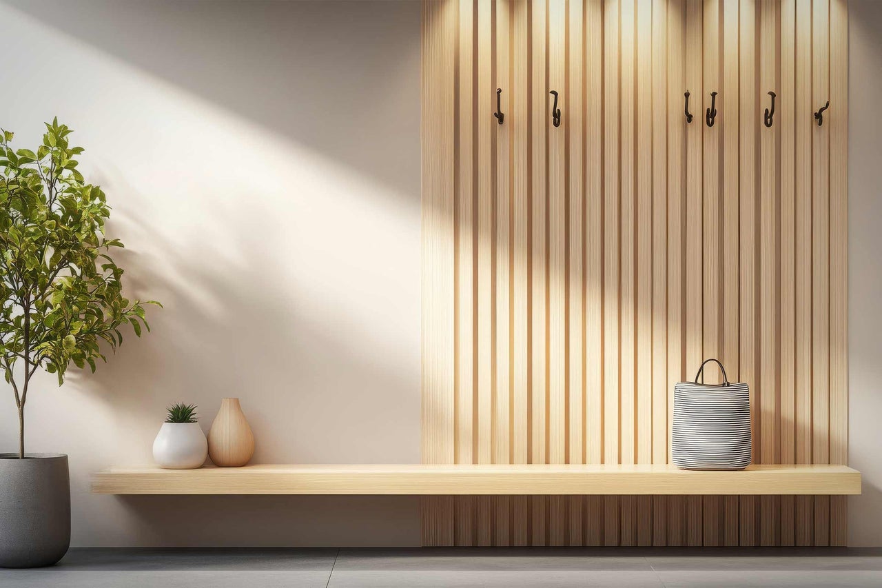 Ljust rum med garderob, träbänk, växt och tillbehör