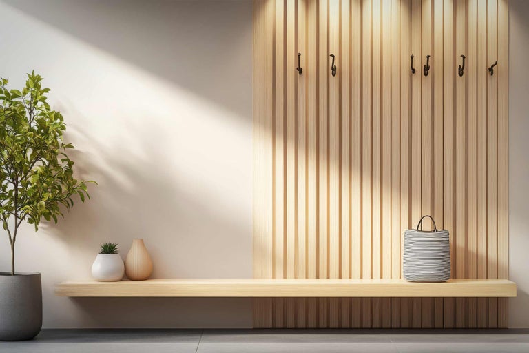 Ljust rum med garderob, träbänk, växt och tillbehör