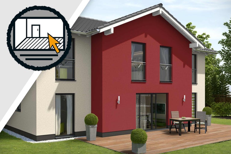 Modernt tvåvåningshus med terrass och trädgård