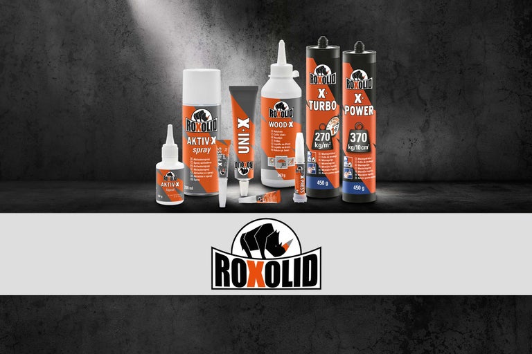Produktöversikt över olika Roxolid-lim, inklusive Activ X-spray, Uni X-lim, Wood X-trälim, X Turbo-monteringslim och X Power-monteringslim.