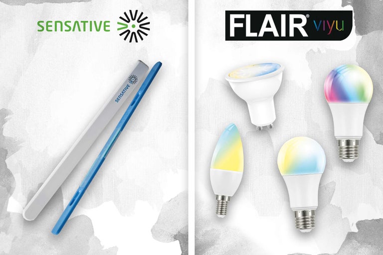 Sensative logotyp och Sensative listbelysning samt Flair viyu logotyp och Flair viyu glödlampor