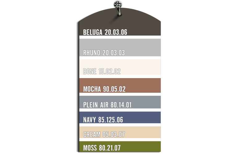 Färgmallskarta med färgbenämningar och nummer