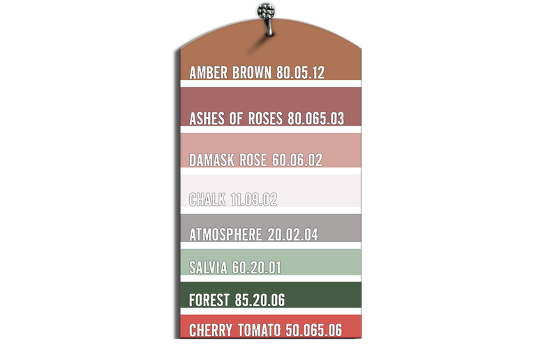 Färgmönsterkarta med nyanserna Amber Brown, Ashes of Roses, Damask Rose, Chalk, Atmosphere, Salvia, Forest och Cherry Tomato
