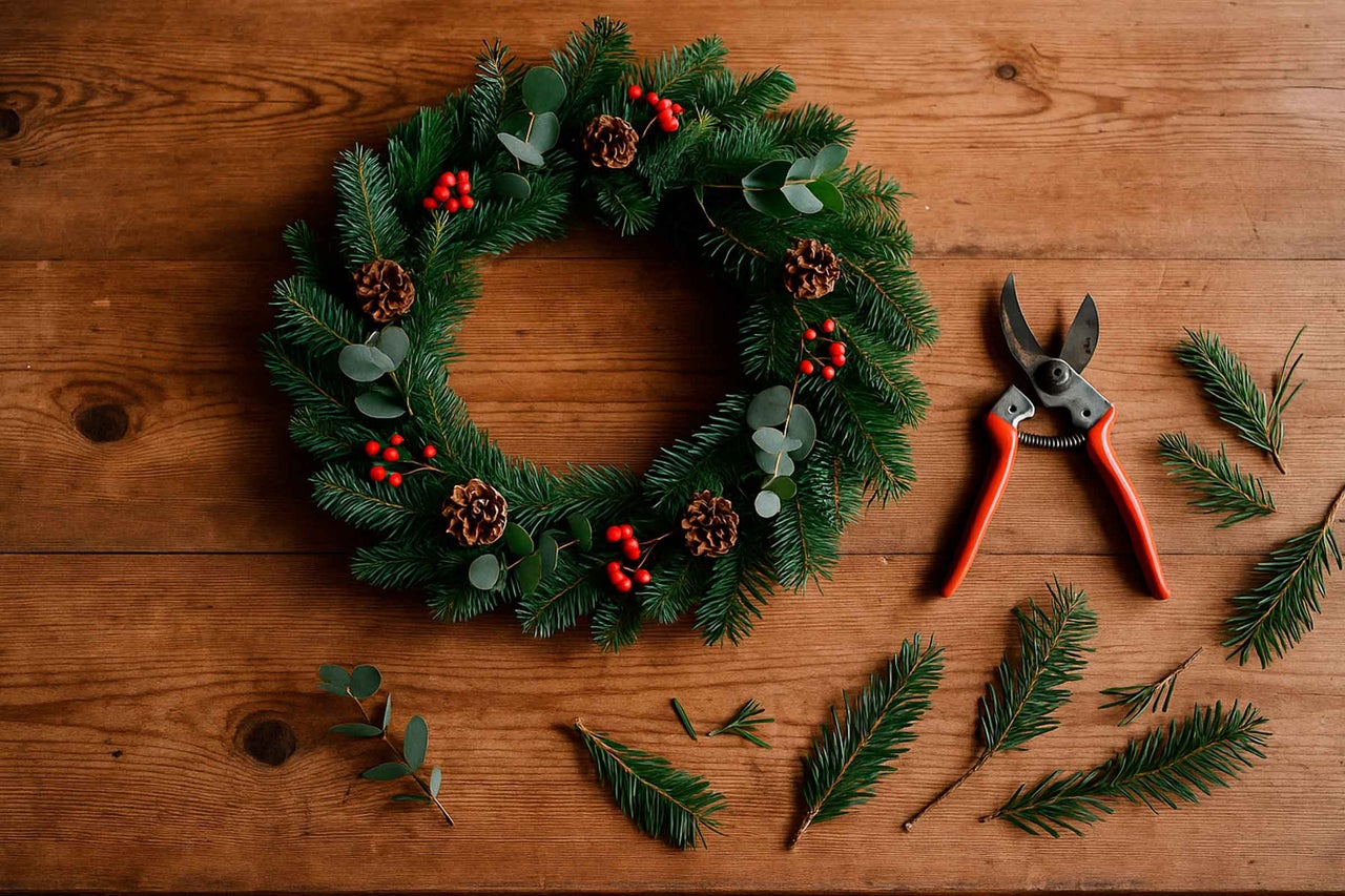 Julkrans med dekoration och trädgårdssax på träbord