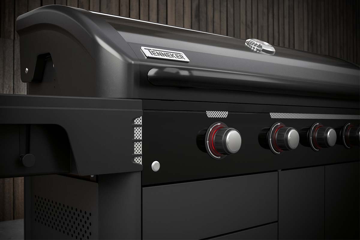 Detaljvy av en svart gasolgrill med kontroller och Tenneker-logotyp.
