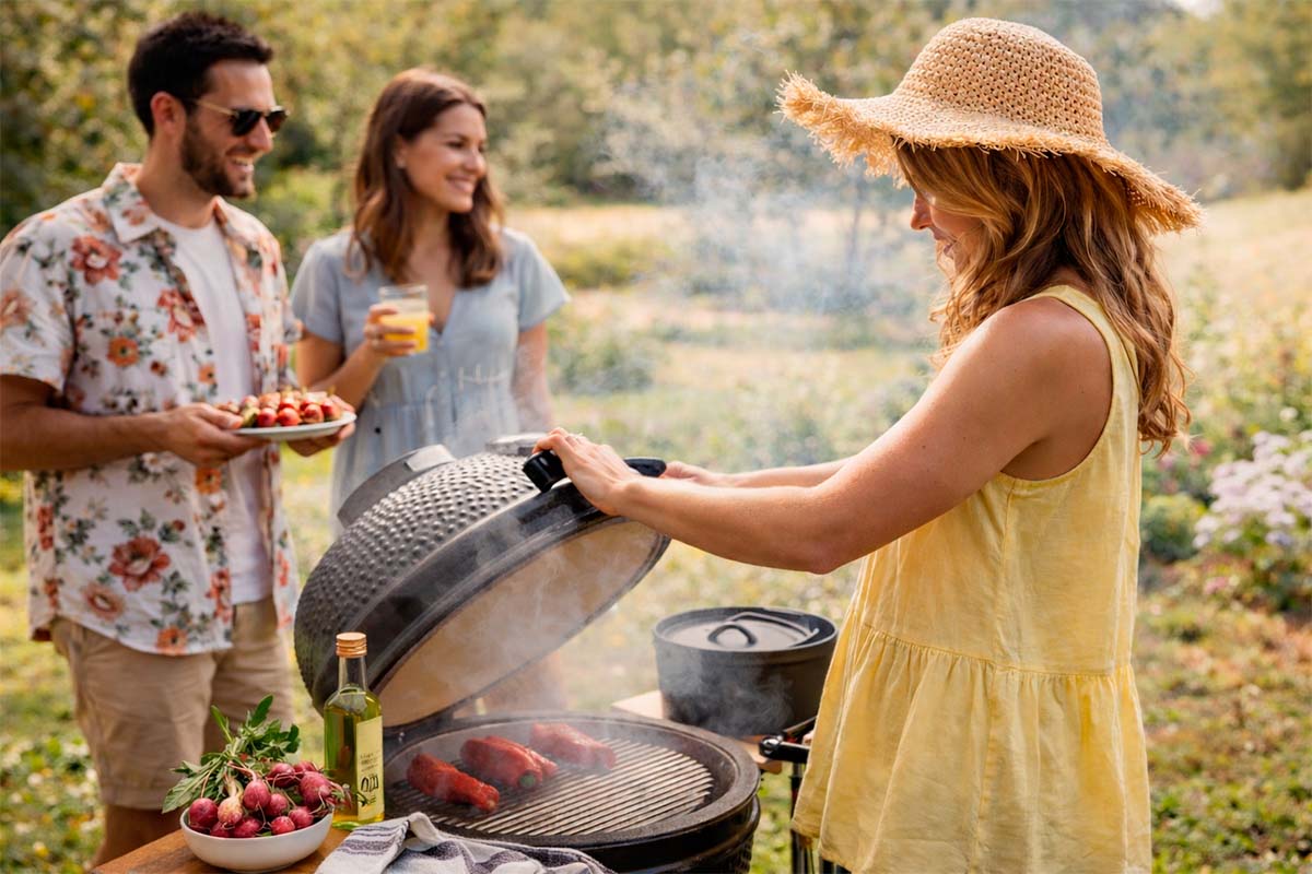Scen av en grillfest med kolgrill och människor i trädgården