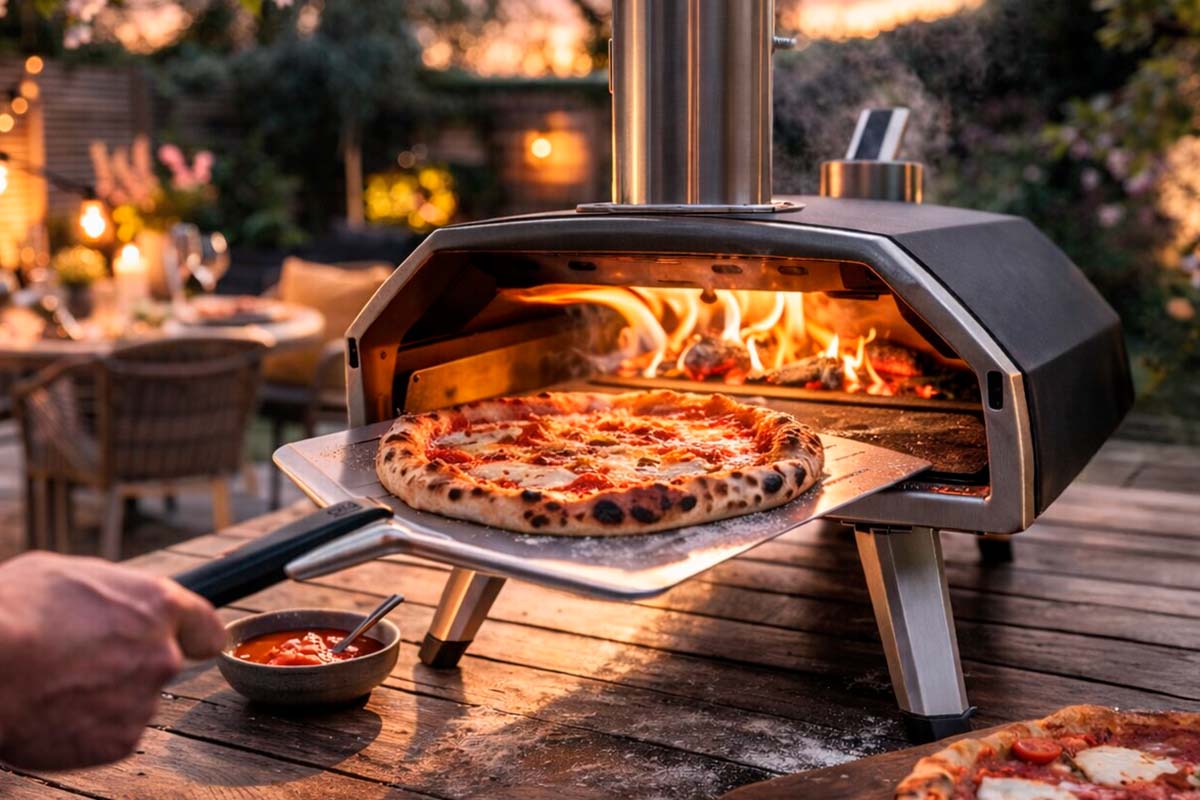 Pizza i pizzaugn med vedeld på pizzaspade