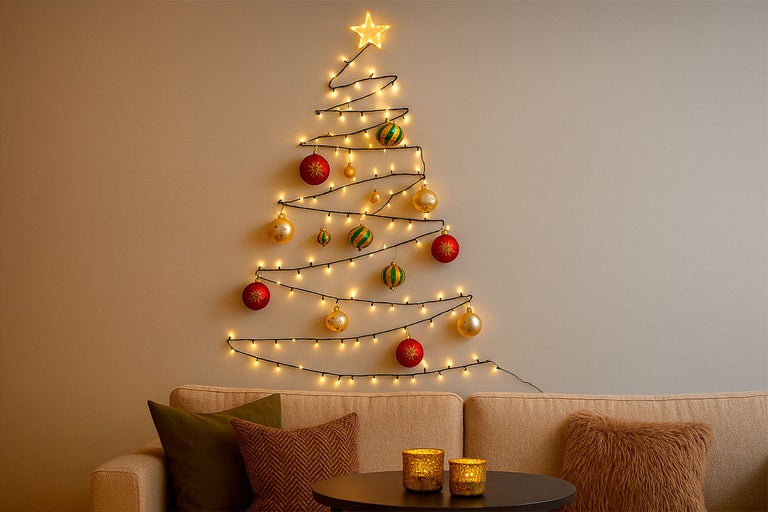 Väggdekoration med ljusslinga i form av en julgran och julgranskulor ovanför en soffa
