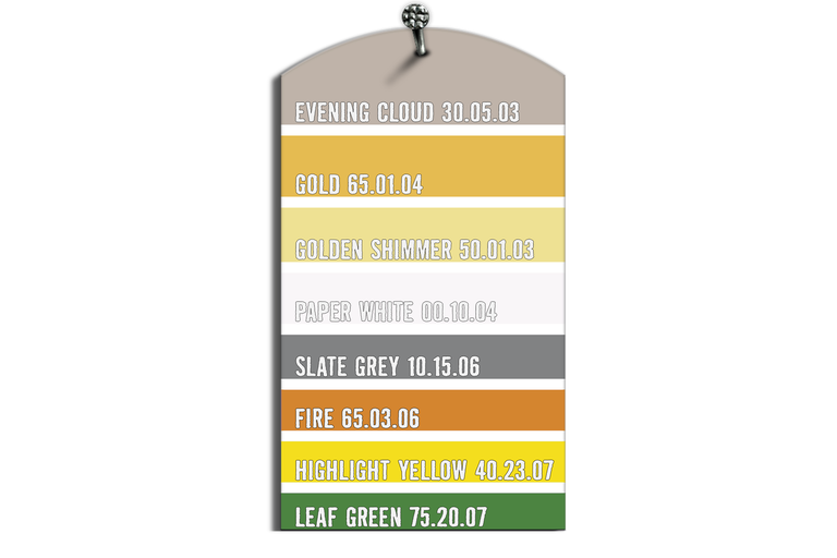 Färgmönsterkarta med nyanser från kvällsmoln till bladgrön