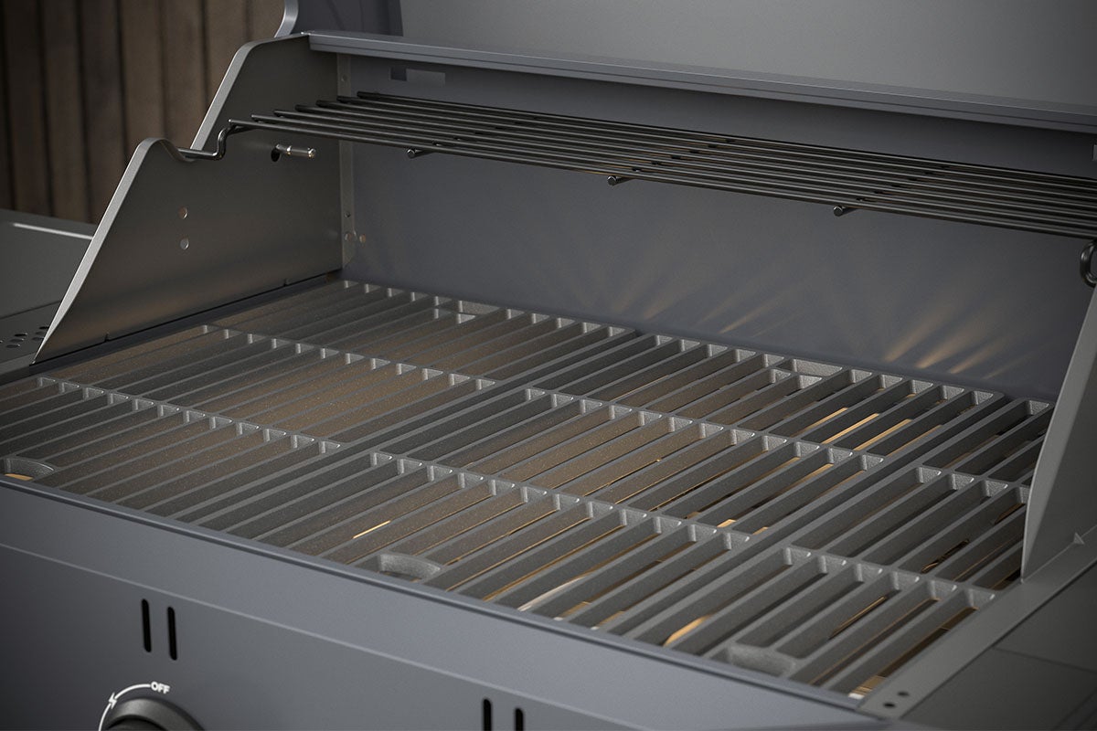 Öppen gasolgrill med grillgaller