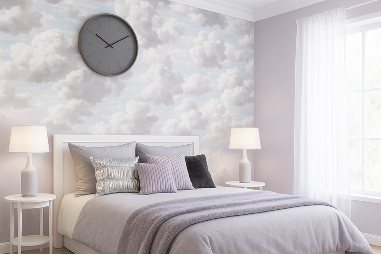 Sovrum med säng, sängbord, lampor, molntapet och väggklocka