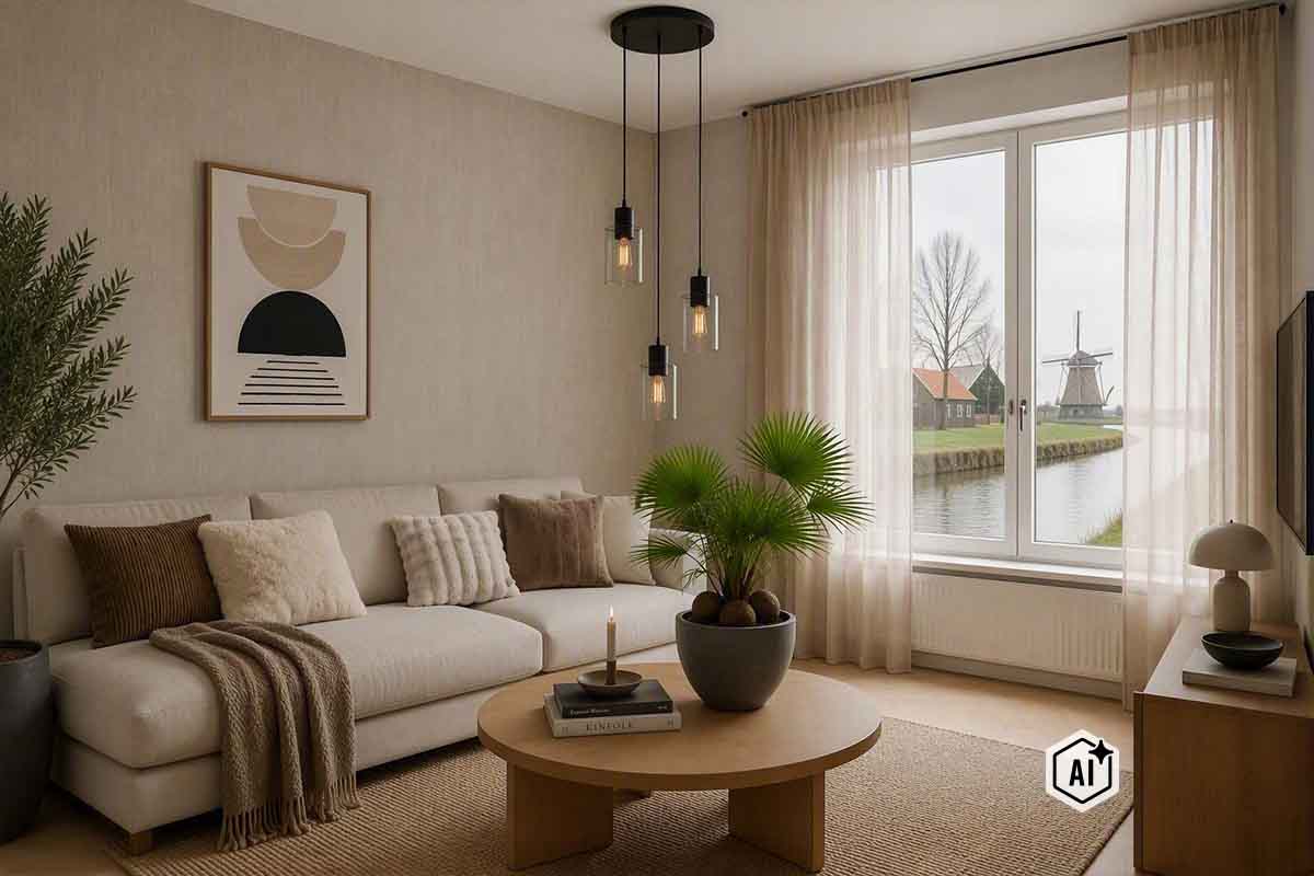 Modernt vardagsrum med ljus soffa, runt soffbord, hängande lampa och utsikt över en väderkvarn genom fönstret.