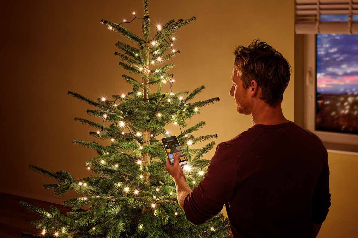 Man styr julgransbelysning med smartphone