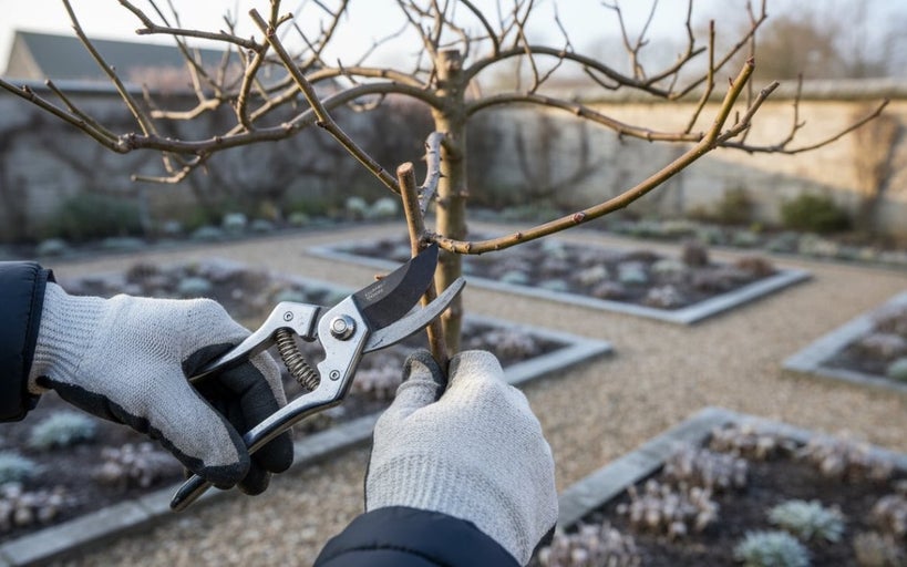 Beskärning av träd med trädgårdssax i trädgården