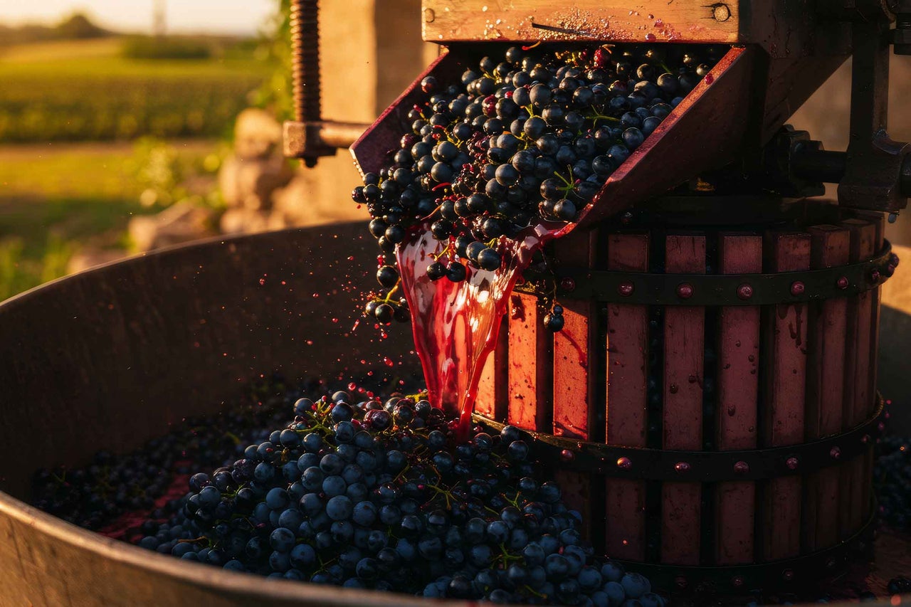 Druvor pressas till juice i en vinpress.