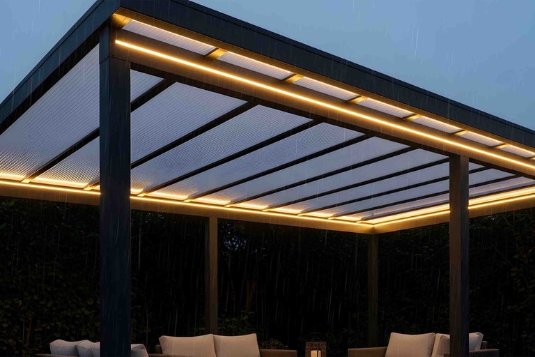 Belyst terrassöverbyggnad i metall med ljusgenomsläppligt tak och varmvita LED-lister över en sittgrupp utomhus vid regn.
