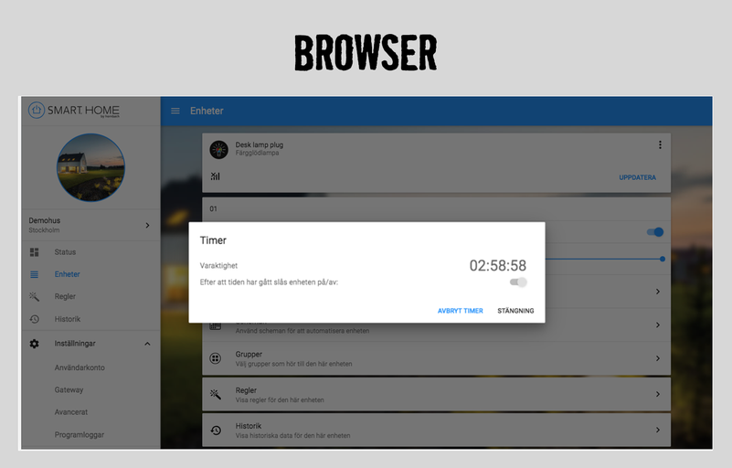 Smart Home app-gränssnitt med timerinställning i webbläsaren