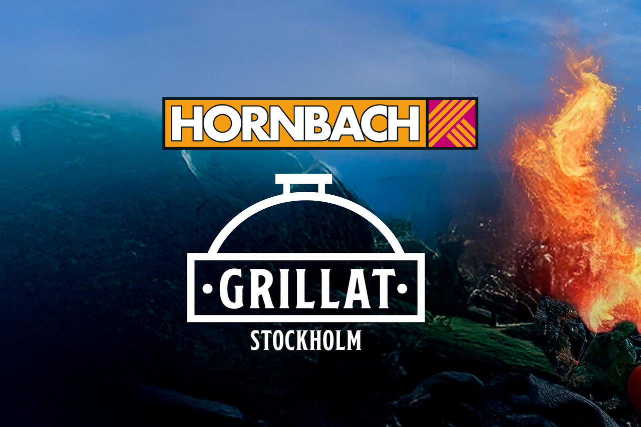 Hornbach Logo och Grillat Stockholm-grafik mot en bakgrund av eld och vatten.