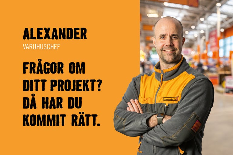 Ett foto av Alexander, varuhuschef på Hornbach, bredvid text på svenska.