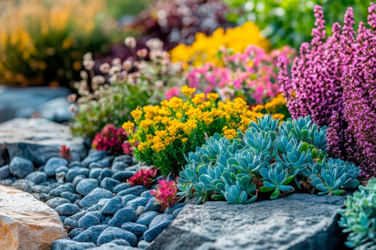 Trädgårdslandskap med stenar, suckulenter och blommande växter