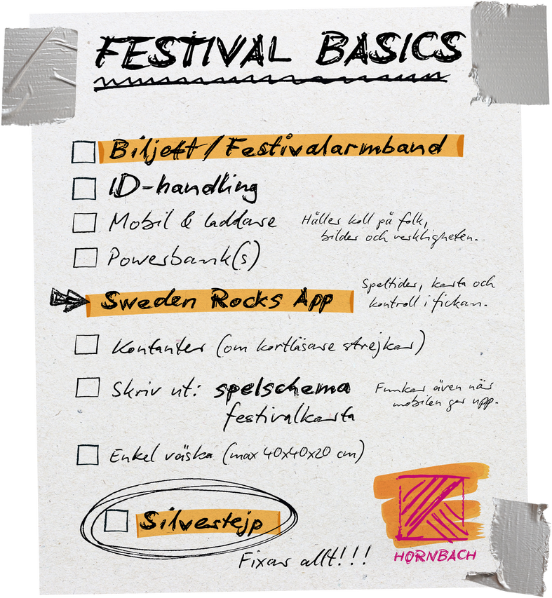 Checklista Festival Basics. Innehåller biljett, legitimation, mobil, powerbank, app, kontanter, schema, väska och markerad silvertejp. Hornbach Logo.