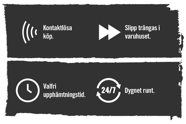 Information om kontaktlösa köp, slipp trängsel i varuhuset, valfri upphämtningstid och dygnet runt-service