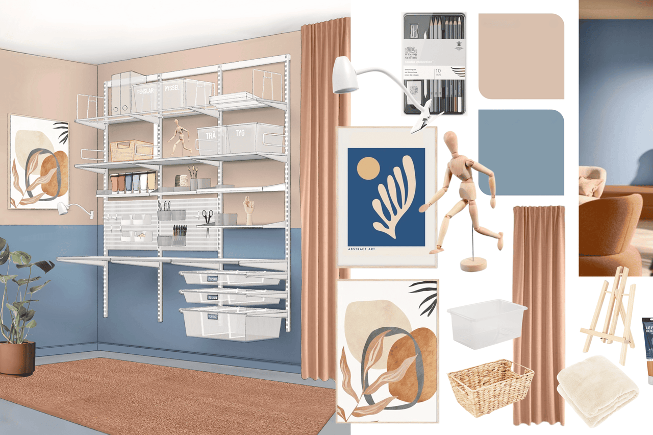 Rumsdesign med hyllsystem, förvaringslådor, tavlor, gardin, staffli och dekorativa föremål