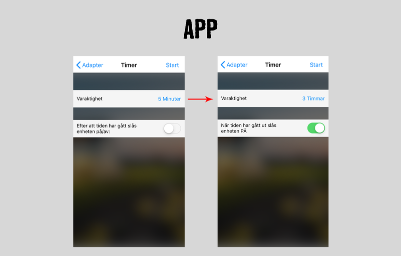 App-vy med timerinställningar: Varaktighet på fem minuter och tre timmar