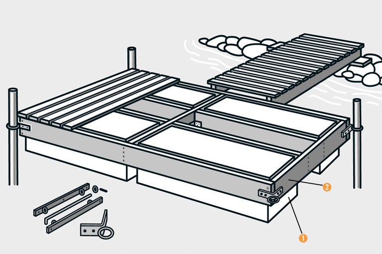 Illustration av en brygga under uppbyggnad med tillbehör