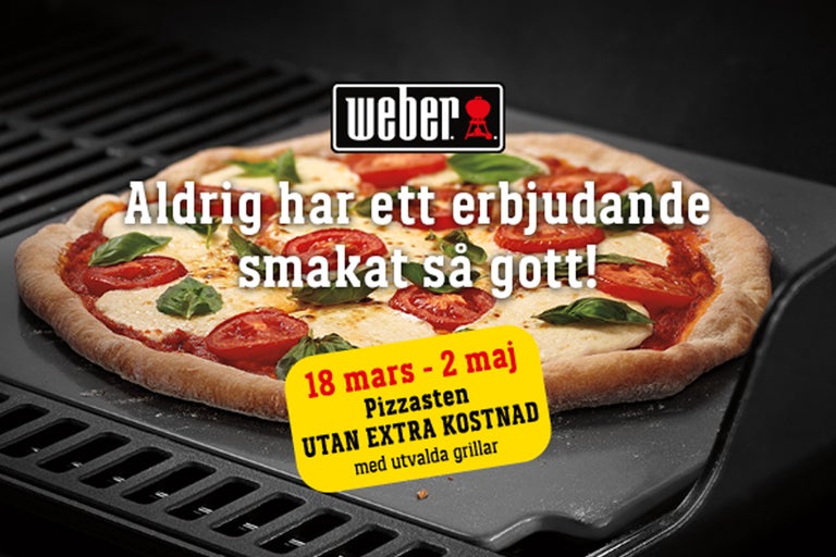 Weber logotyp med pizza på en grill, erbjudande från 18 mars till 2 maj: pizzasten utan extra kostnad med utvalda grillar.