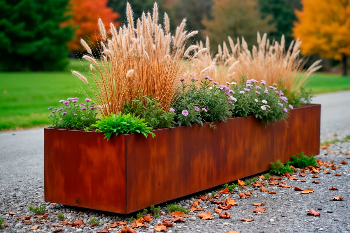 Avlång metallplanteringslåda med prydnadsgräs och blommor på en stenlagd yta