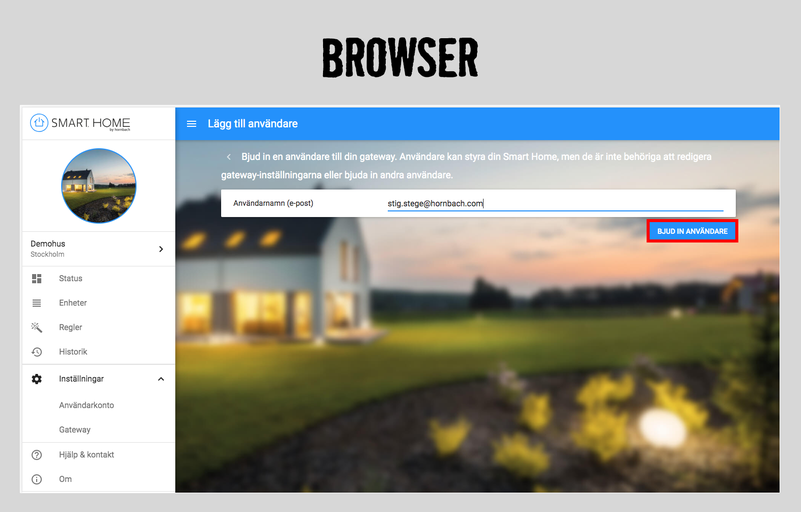 Smart Home webbläsarvy för att lägga till en användare