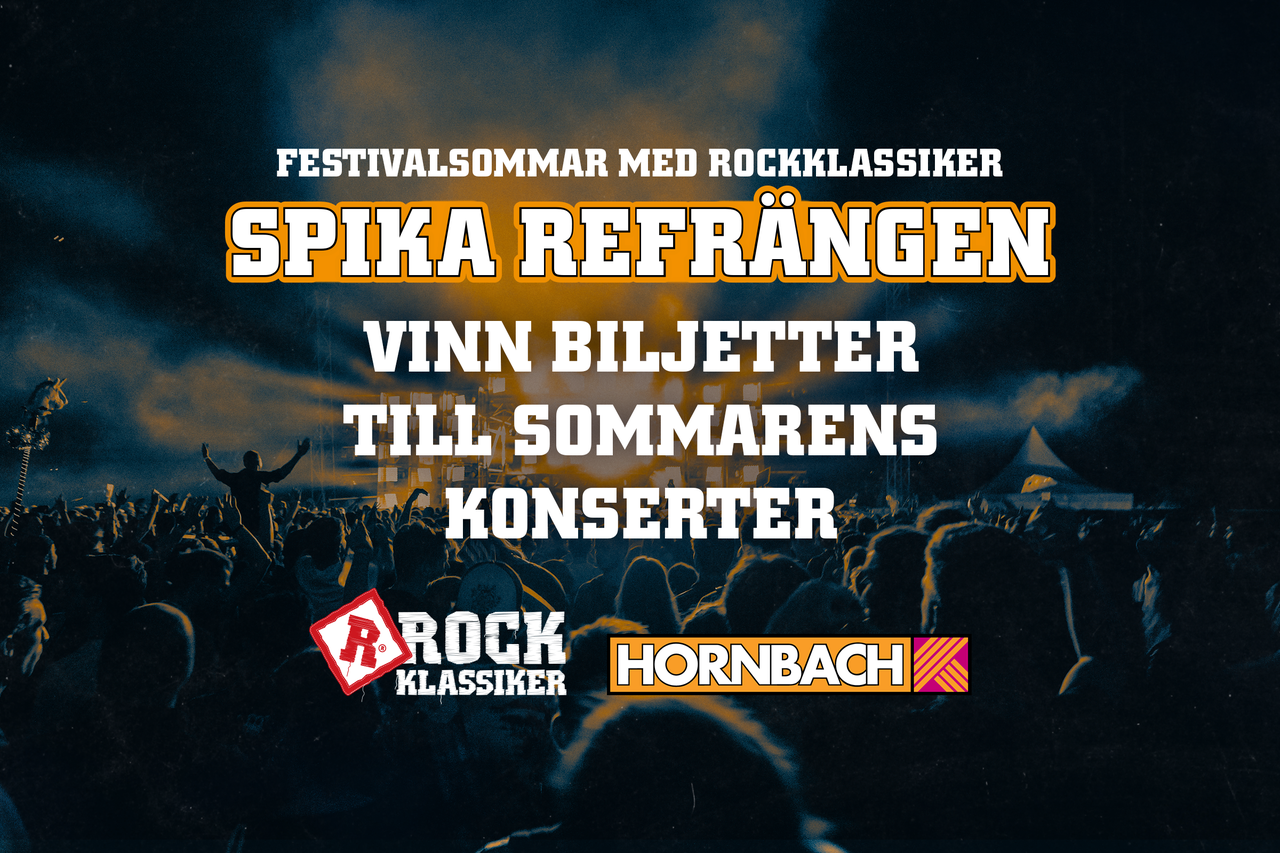 Kampanjbild för musikfestival och tävling om konsertbiljetter. Publik vid en konsert syns. Rockklassiker Logo och Hornbach Logo.