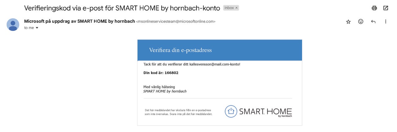 E-postmeddelande med verifieringskod för SMART HOME by hornbach-konto