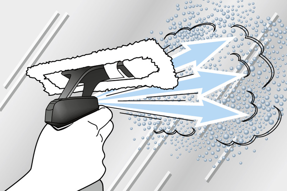 Illustration av en hand som använder en fönsterskrapa med sprayfunktion