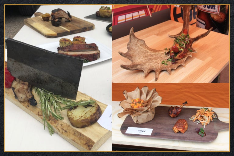 Collage av matpresentationer på träbrädor och tallrikar.