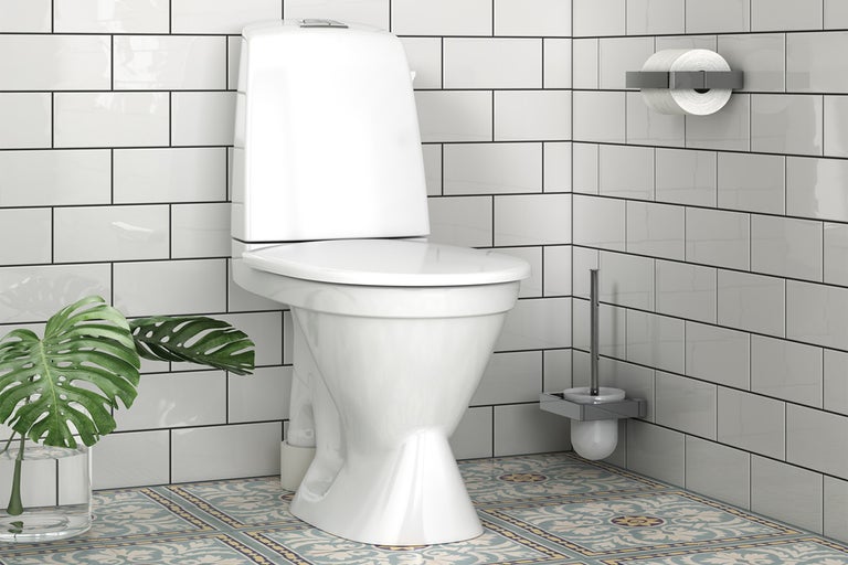 Vit stående toalett med toalettpappershållare och toalettborste framför vitkaklad vägg