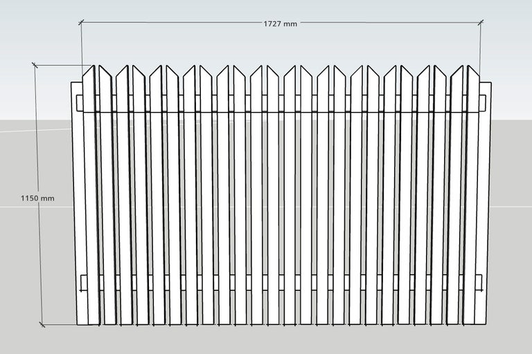 Staketpanel med spetsiga ribbor, bredd 1727 millimeter och höjd 1150 millimeter.
