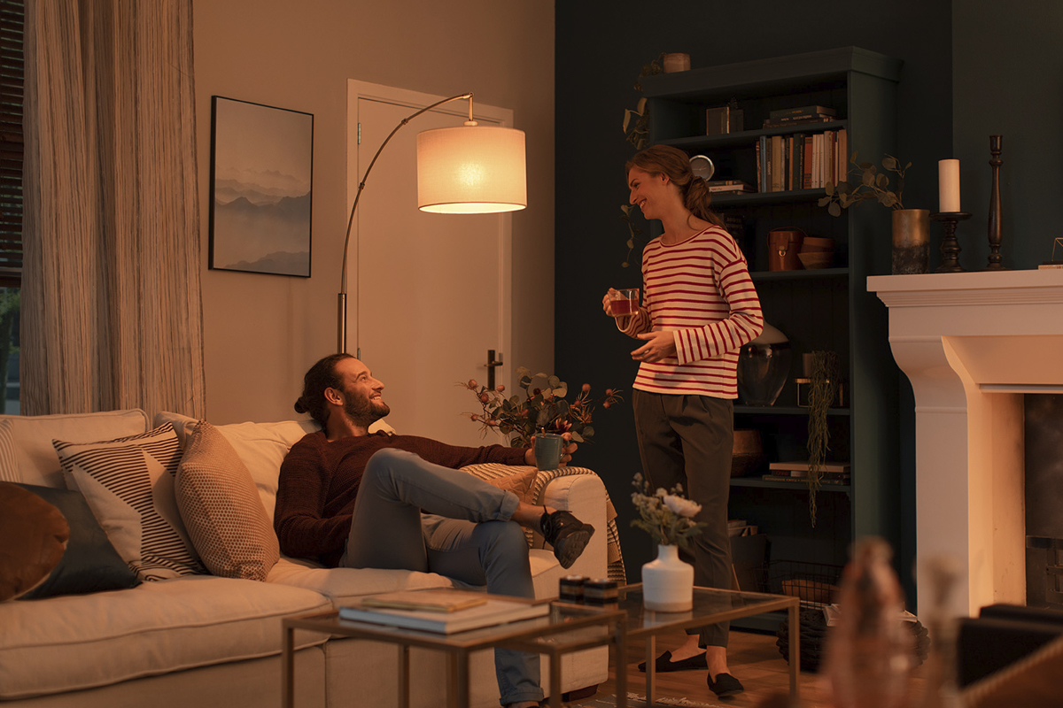 Vardagsrum med soffa, golvlampa, bokhylla och öppen spis för en mysig atmosfär