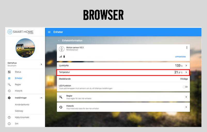 Webbläsarvy av en Smart Home-app med temperaturvisning