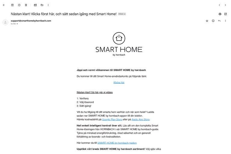 E-post från Smart Home by Hornbach med information om installation