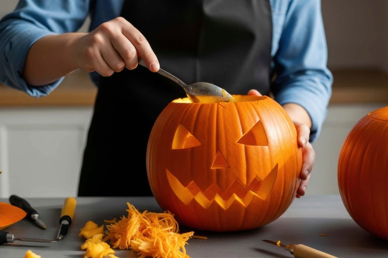 Person som urholkar en snidad pumpa med en sked