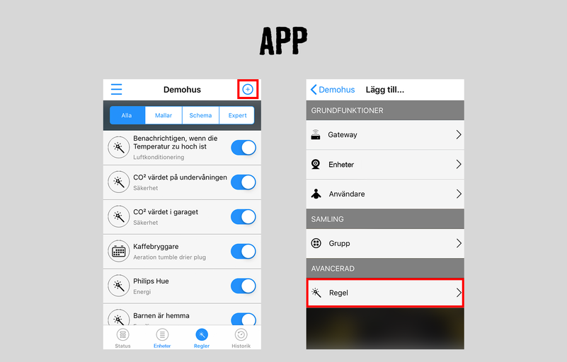 App-vy med smarta hem-inställningar