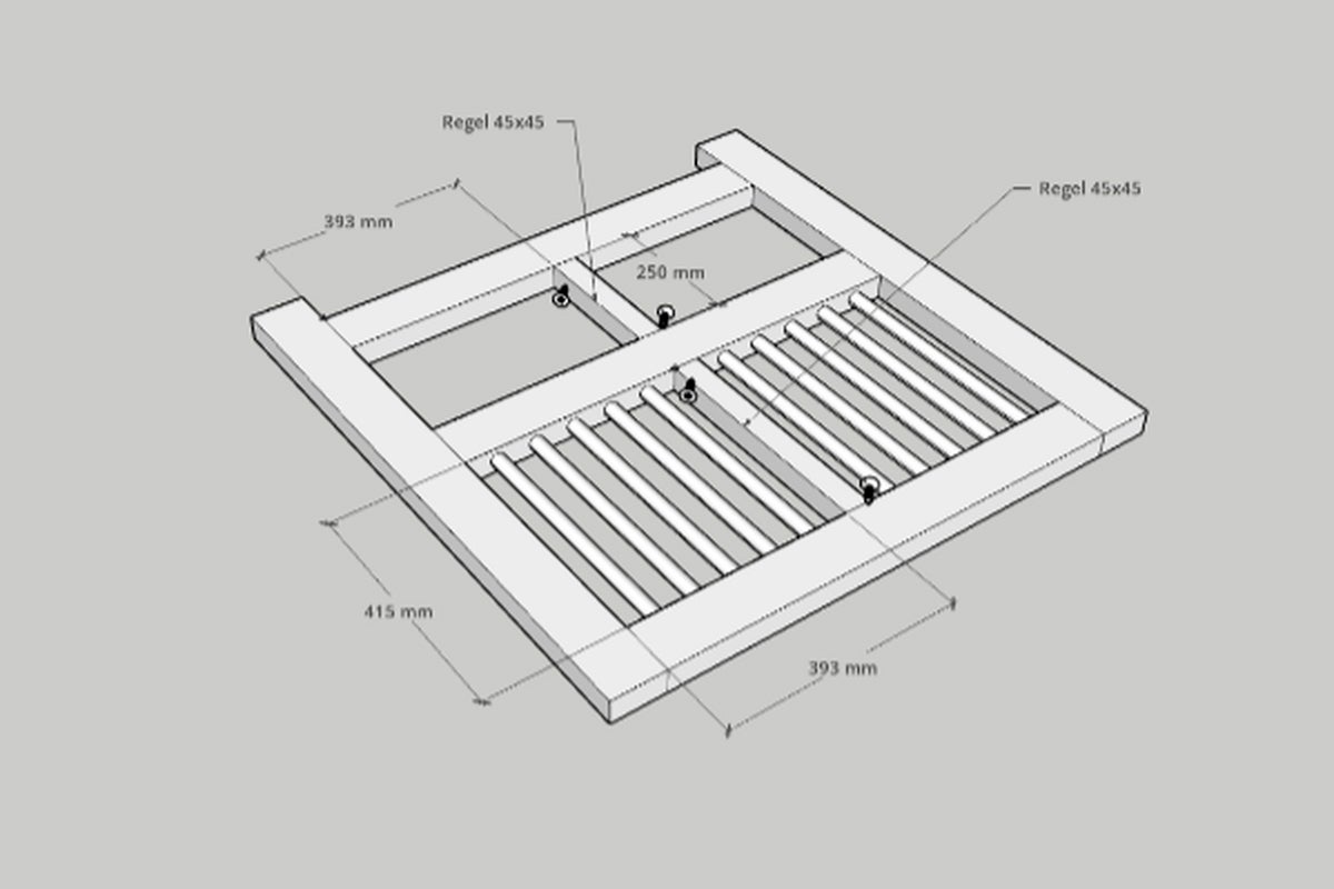 Teknisk ritning av en träram med mått i millimeter. Konstruktionsskiss med tvärbalkar och runda stavar.